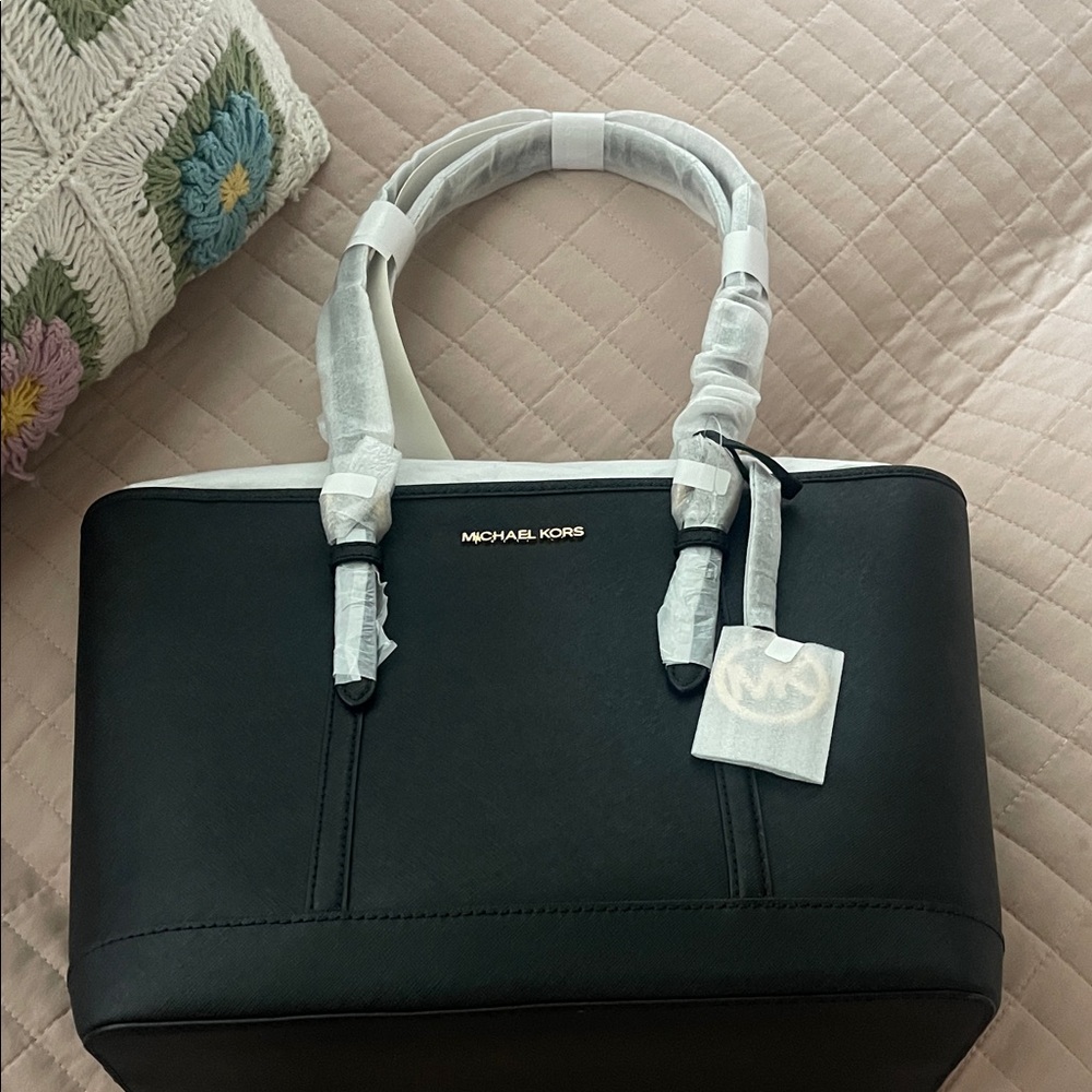 Michael Kors Black Leather Tote with Gold Logo